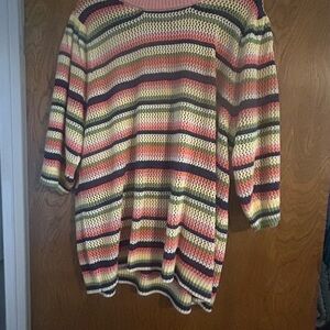 Eloquii Open-Knit Striped Scoop Neck Sweater in Yellow, Pink & Navy